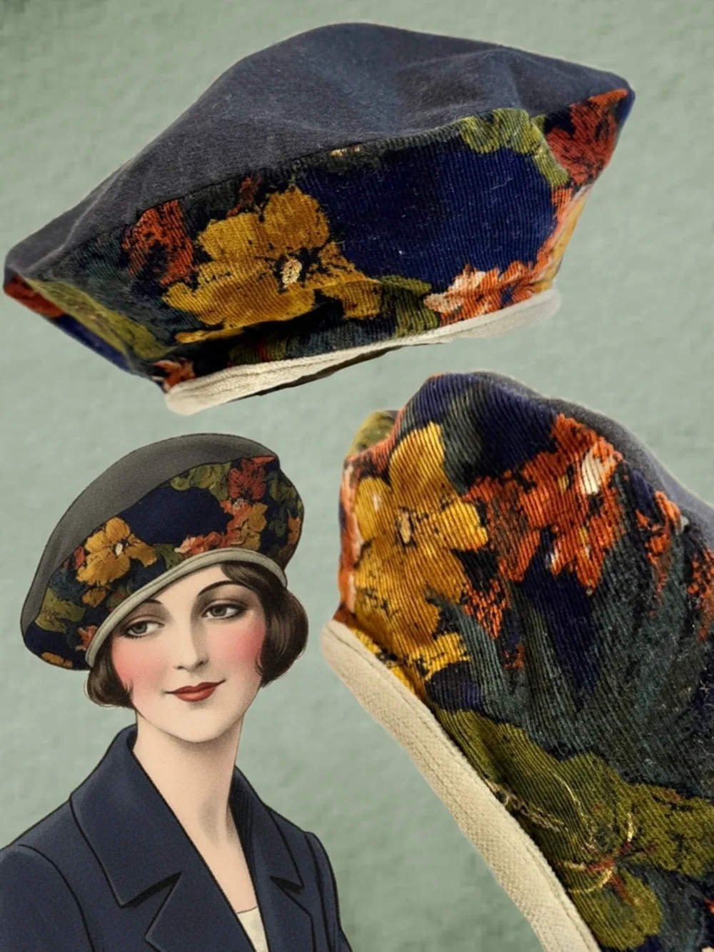 VINTAGE French beret hat moody dark floral corduroy navy blue newsboy cap boho - Picture 1 of 8